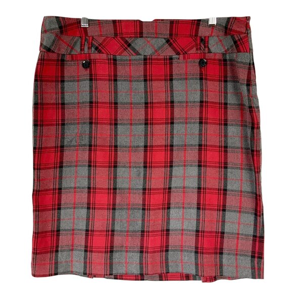 First Option Red Gray Plaid Straight Skirt Size 14 Classic Tartan Button Accent - Picture 1 of 4